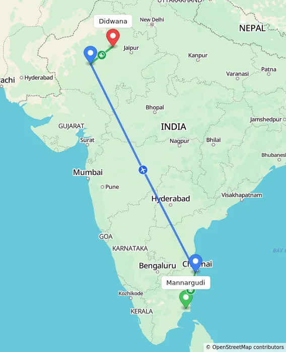 Route map showing distance and travel time from Mannargudi, India to Didwana, India
