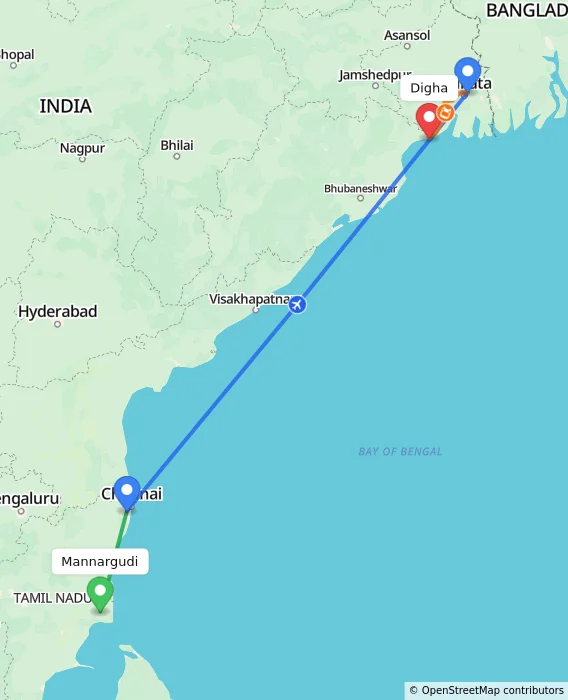 Route map showing distance and travel time from Mannargudi, India to Digha, India