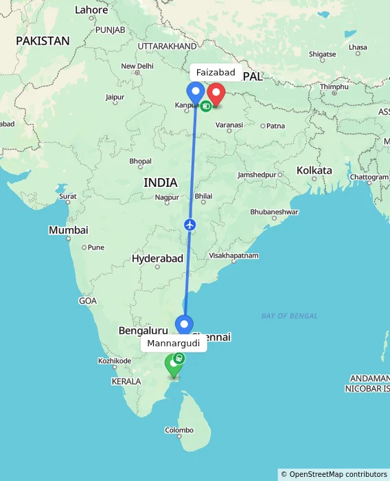 Route map showing distance and travel time from Mannargudi, India to Faizabad, India