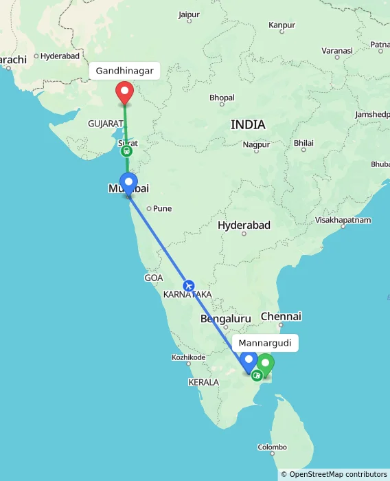 Route map showing distance and travel time from Mannargudi, India to Gandhinagar, India