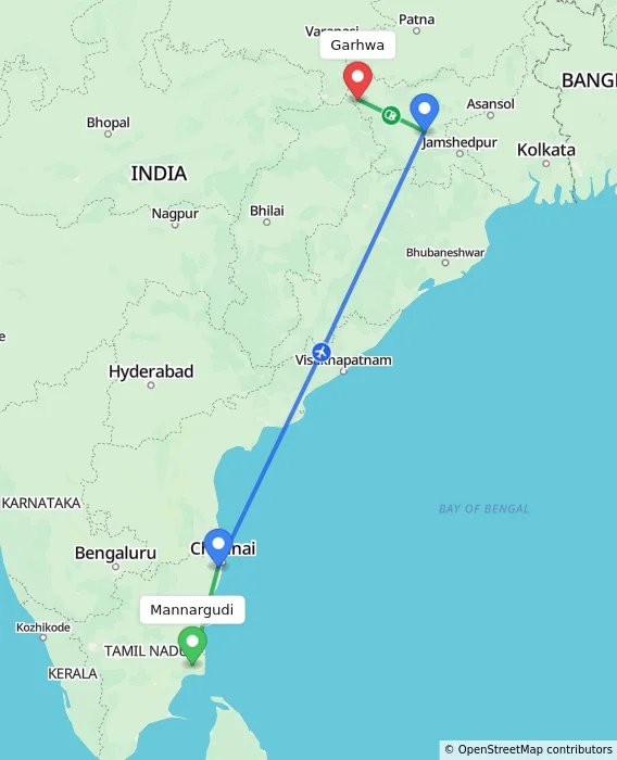 Route map showing distance and travel time from Mannargudi, India to Garhwa, India