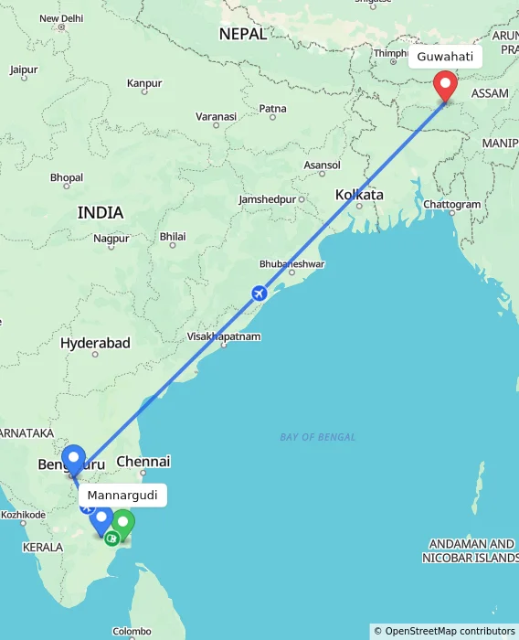 Route map showing distance and travel time from Mannargudi, India to Guwahati, India