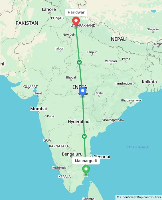 Route map showing distance and travel time from Mannargudi, India to Haridwar, India