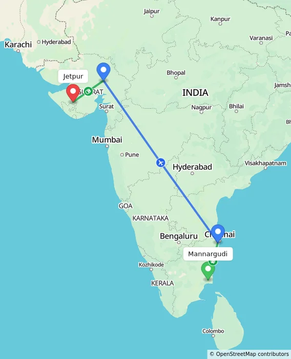 Route map showing distance and travel time from Mannargudi, India to Jetpur, India