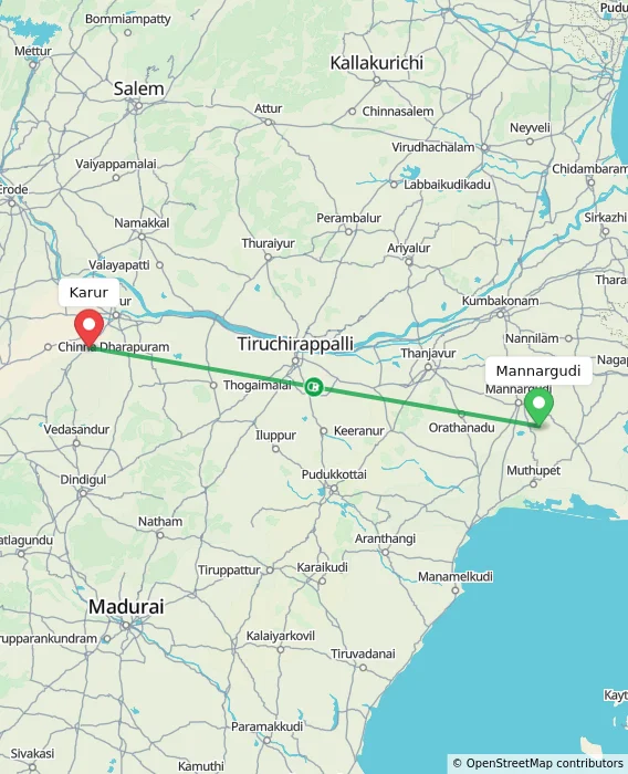 Route map showing distance and travel time from Mannargudi, India to Karur, India