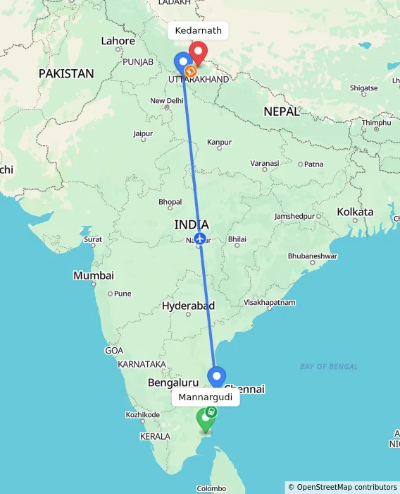 Route map showing distance and travel time from Mannargudi, India to Kedarnath, India