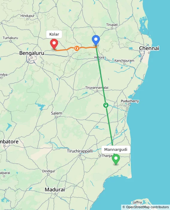 Route map showing distance and travel time from Mannargudi, India to Kolar, India