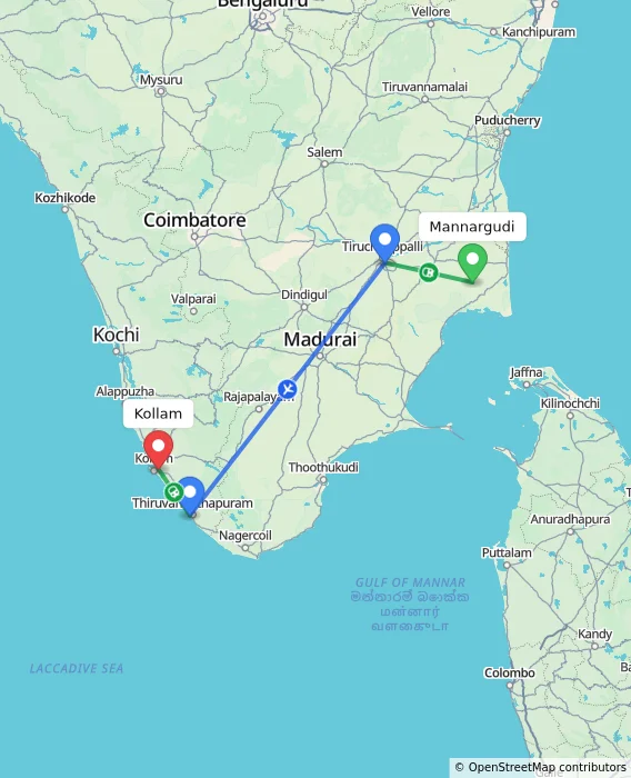 Route map showing distance and travel time from Mannargudi, India to Kollam, India