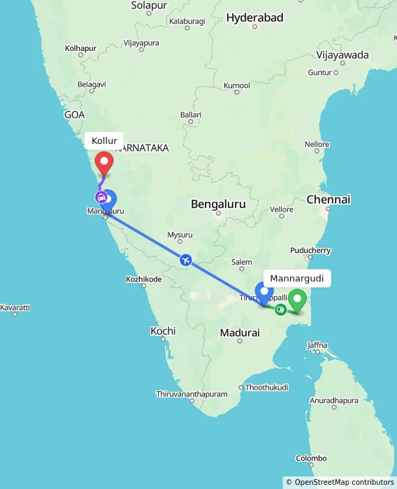 Route map showing distance and travel time from Mannargudi, India to Kollur, India
