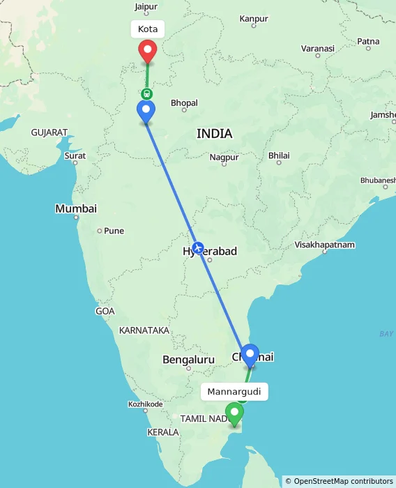 Route map showing distance and travel time from Mannargudi, India to Kota, India