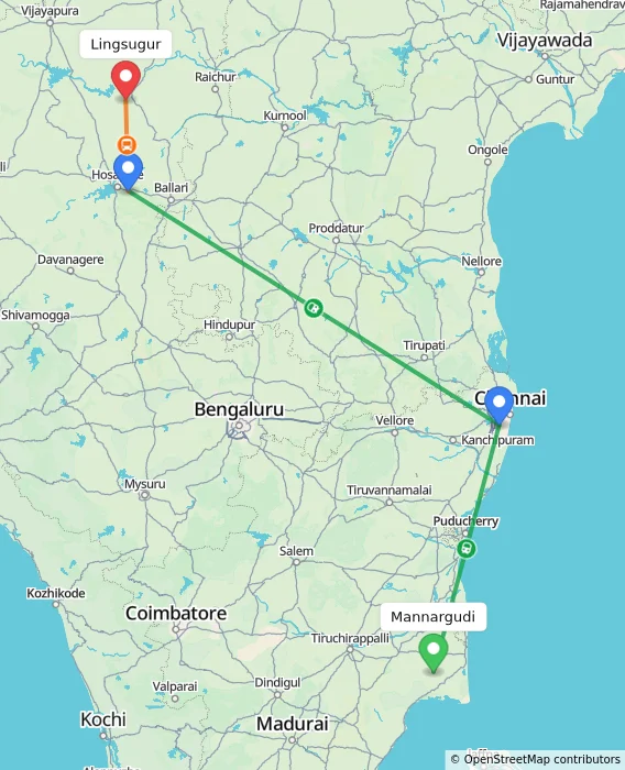 Route map showing distance and travel time from Mannargudi, India to Lingsugur, India