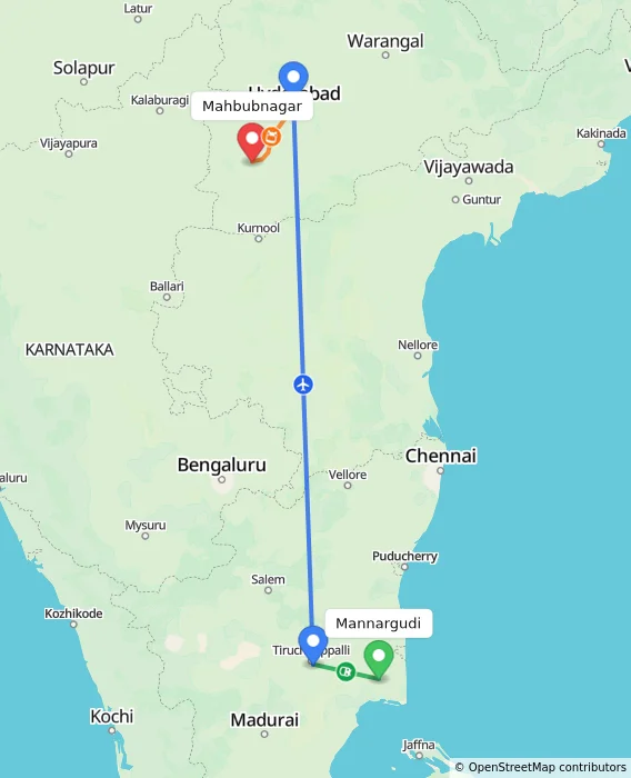 Route map showing distance and travel time from Mannargudi, India to Mahbubnagar, India