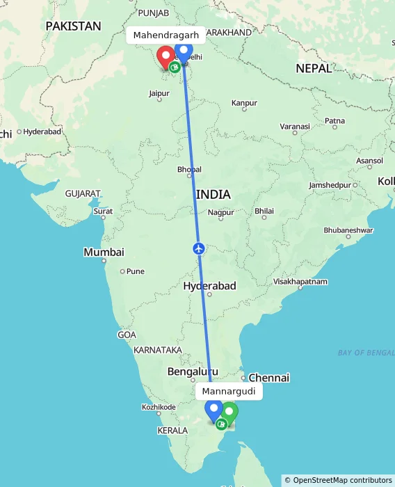 Route map showing distance and travel time from Mannargudi, India to Mahendragarh, India