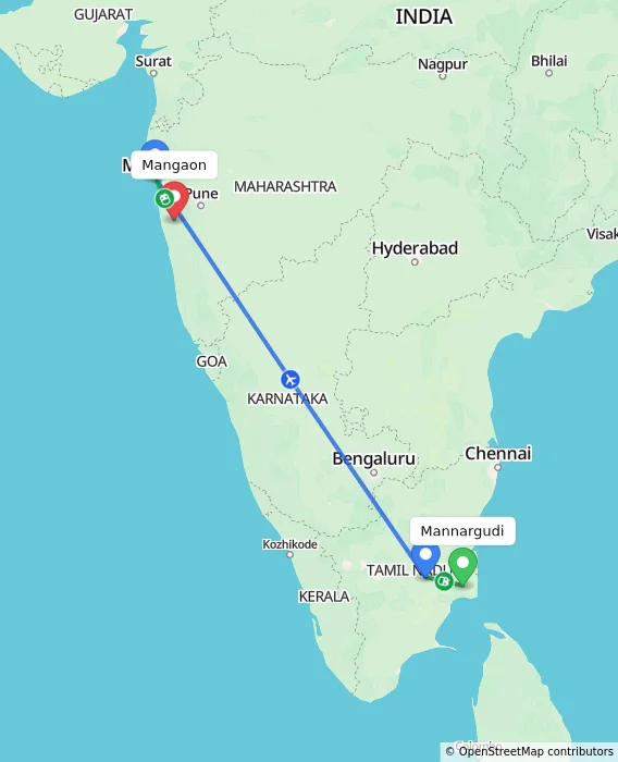 Route map showing distance and travel time from Mannargudi, India to Mangaon, India