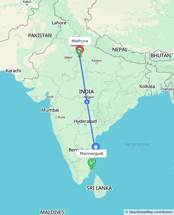 Route map showing distance and travel time from Mannargudi, India to Mathura, India