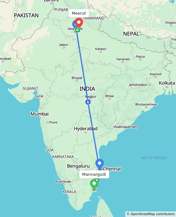 Route map showing distance and travel time from Mannargudi, India to Meerut, India