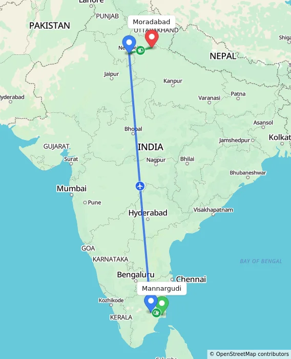 Route map showing distance and travel time from Mannargudi, India to Moradabad, India