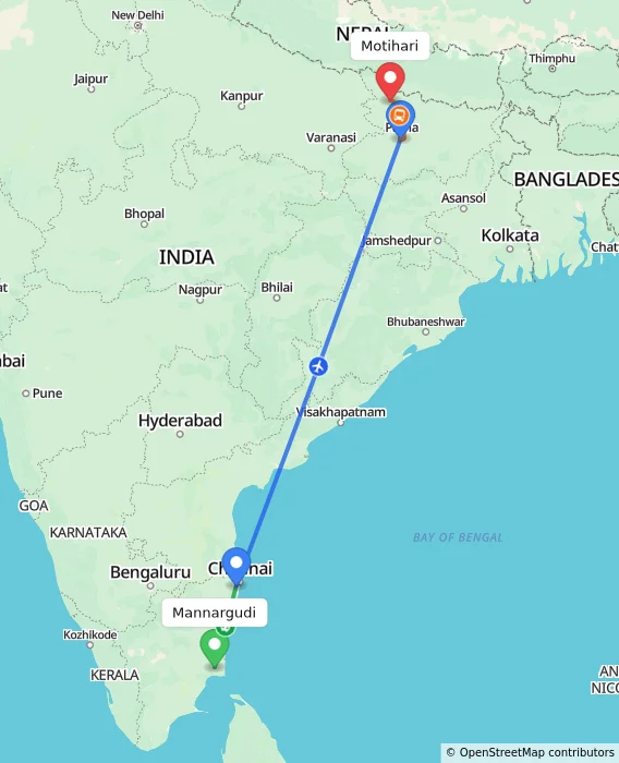 Route map showing distance and travel time from Mannargudi, India to Motihari, India