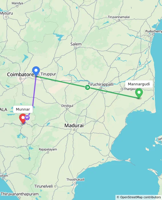 Route map showing distance and travel time from Mannargudi, India to Munnar, India