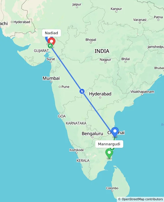 Route map showing distance and travel time from Mannargudi, India to Nadiad, India