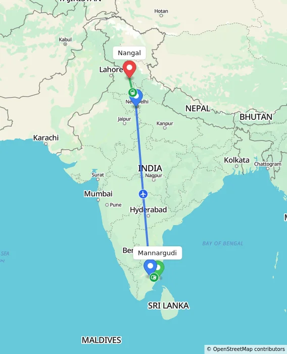 Route map showing distance and travel time from Mannargudi, India to Nangal, India