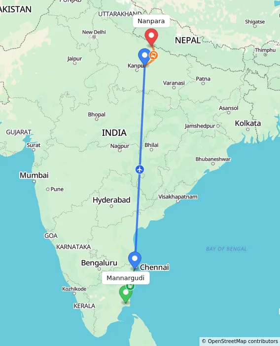 Route map showing distance and travel time from Mannargudi, India to Nanpara, India