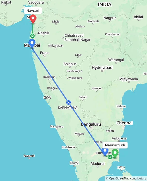Route map showing distance and travel time from Mannargudi, India to Navsari, India