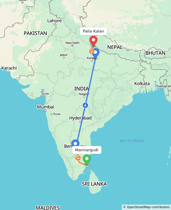 Route map showing distance and travel time from Mannargudi, India to Palia Kalan, India