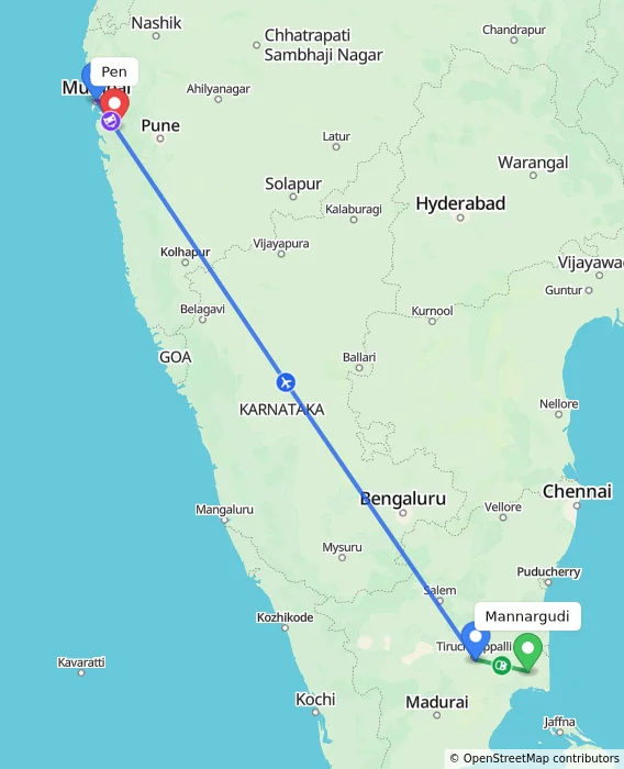 Route map showing distance and travel time from Mannargudi, India to Pen, India