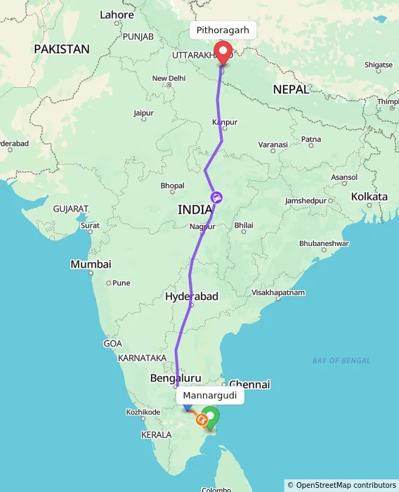 Route map showing distance and travel time from Mannargudi, India to Pithoragarh, India