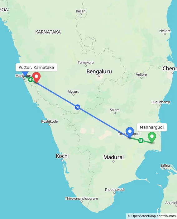 Route map showing distance and travel time from Mannargudi, India to Puttur, Karnataka, India