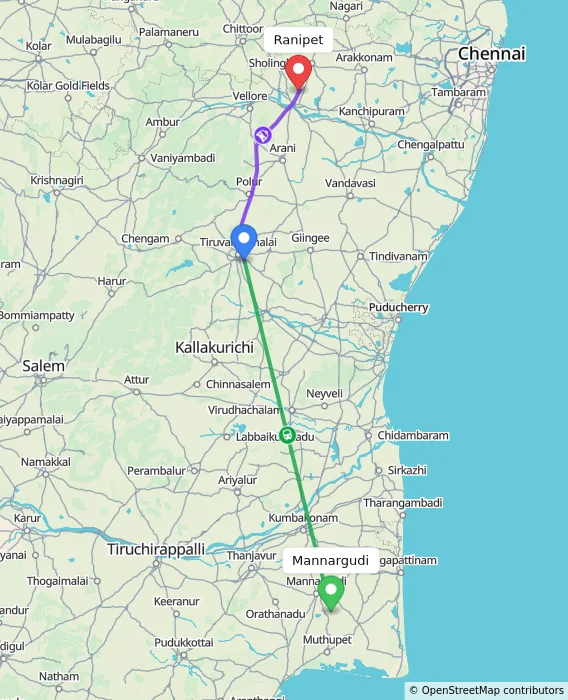 Route map showing distance and travel time from Mannargudi, India to Ranipet, India