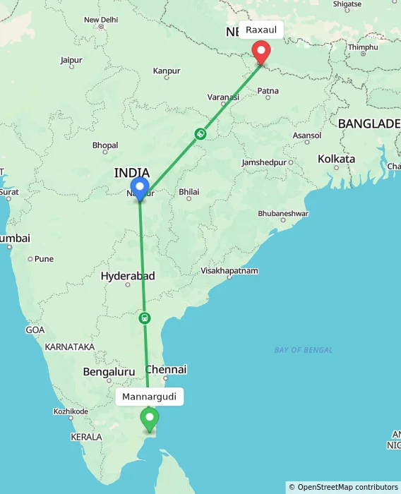 Route map showing distance and travel time from Mannargudi, India to Raxaul, India