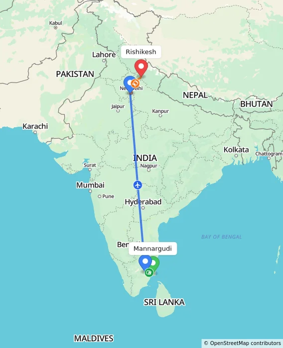Route map showing distance and travel time from Mannargudi, India to Rishikesh, India