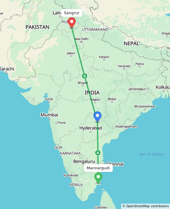 Route map showing distance and travel time from Mannargudi, India to Sangrur, India