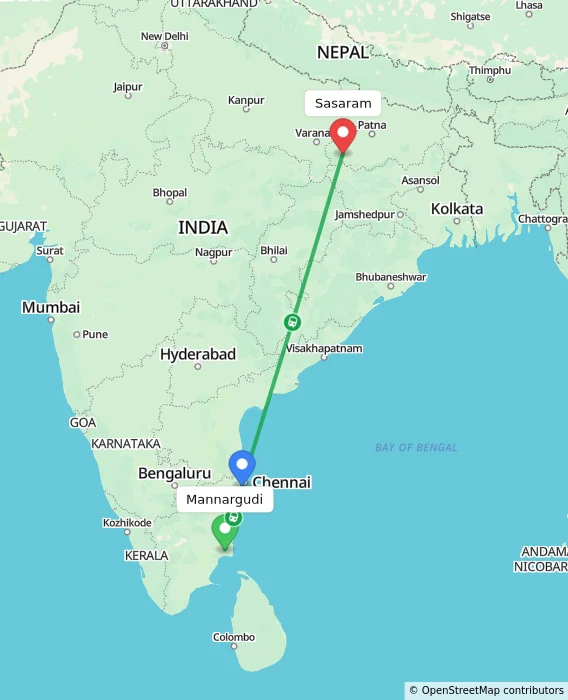 Route map showing distance and travel time from Mannargudi, India to Sasaram, India