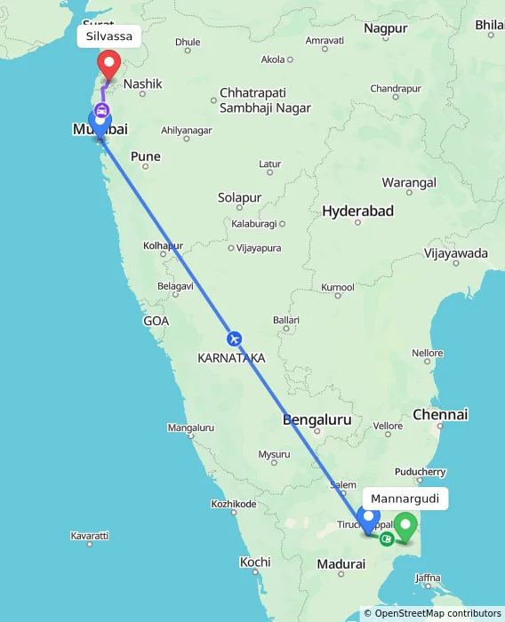 Route map showing distance and travel time from Mannargudi, India to Silvassa, India