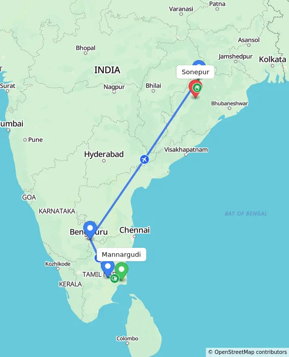 Route map showing distance and travel time from Mannargudi, India to Sonepur, India