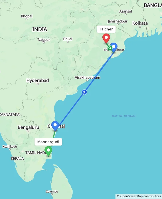 Route map showing distance and travel time from Mannargudi, India to Talcher, India