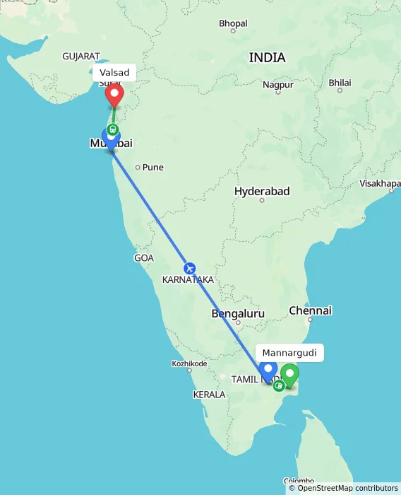 Route map showing distance and travel time from Mannargudi, India to Valsad, India