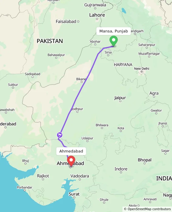 Route map showing distance and travel time from Mansa, Punjab, India to Ahmedabad, India