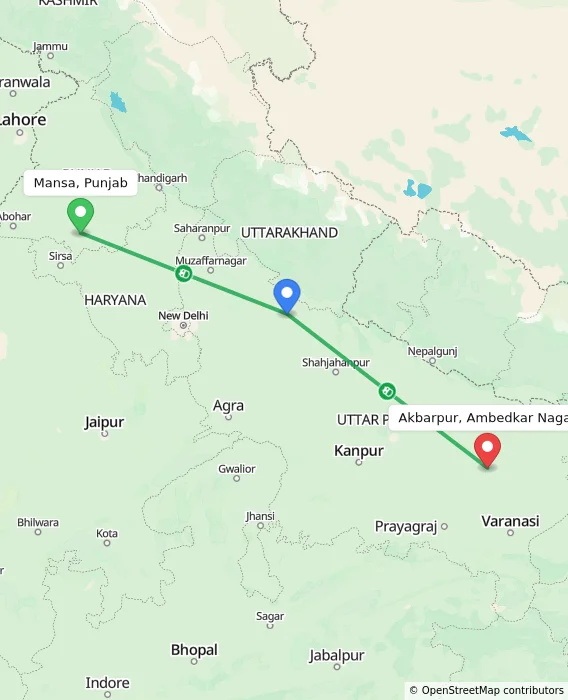 Route map showing distance and travel time from Mansa, Punjab, India to Akbarpur, Ambedkar Nagar, India