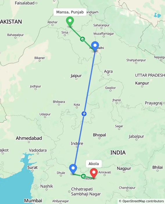 Route map showing distance and travel time from Mansa, Punjab, India to Akola, India