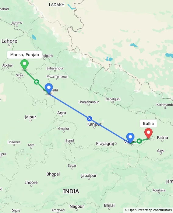 Route map showing distance and travel time from Mansa, Punjab, India to Ballia, India