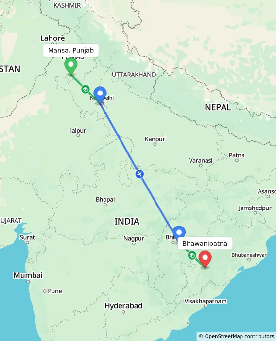 Route map showing distance and travel time from Mansa, Punjab, India to Bhawanipatna, India