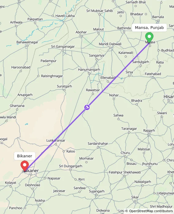 Route map showing distance and travel time from Mansa, Punjab, India to Bikaner, India