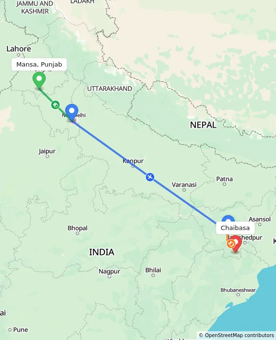 Route map showing distance and travel time from Mansa, Punjab, India to Chaibasa, India