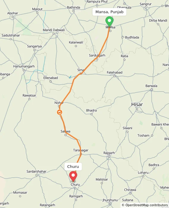 Route map showing distance and travel time from Mansa, Punjab, India to Churu, India