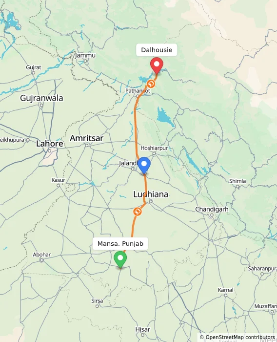 Route map showing distance and travel time from Mansa, Punjab, India to Dalhousie, India