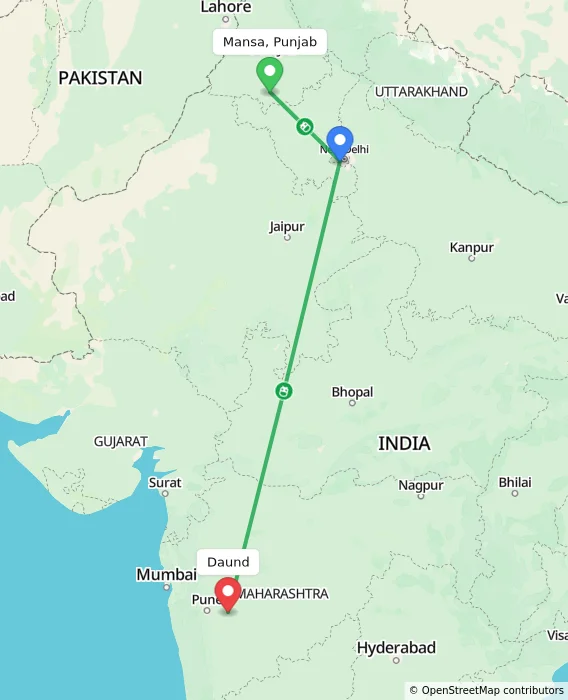 Route map showing distance and travel time from Mansa, Punjab, India to Daund, India
